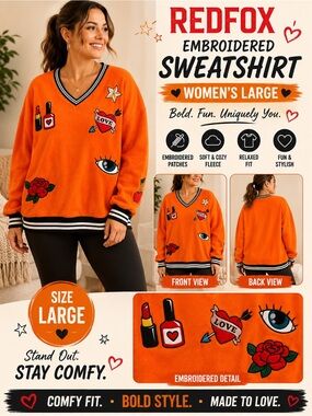Red Fox Women's Orange Embroidered V-Neck Sweater LARGE